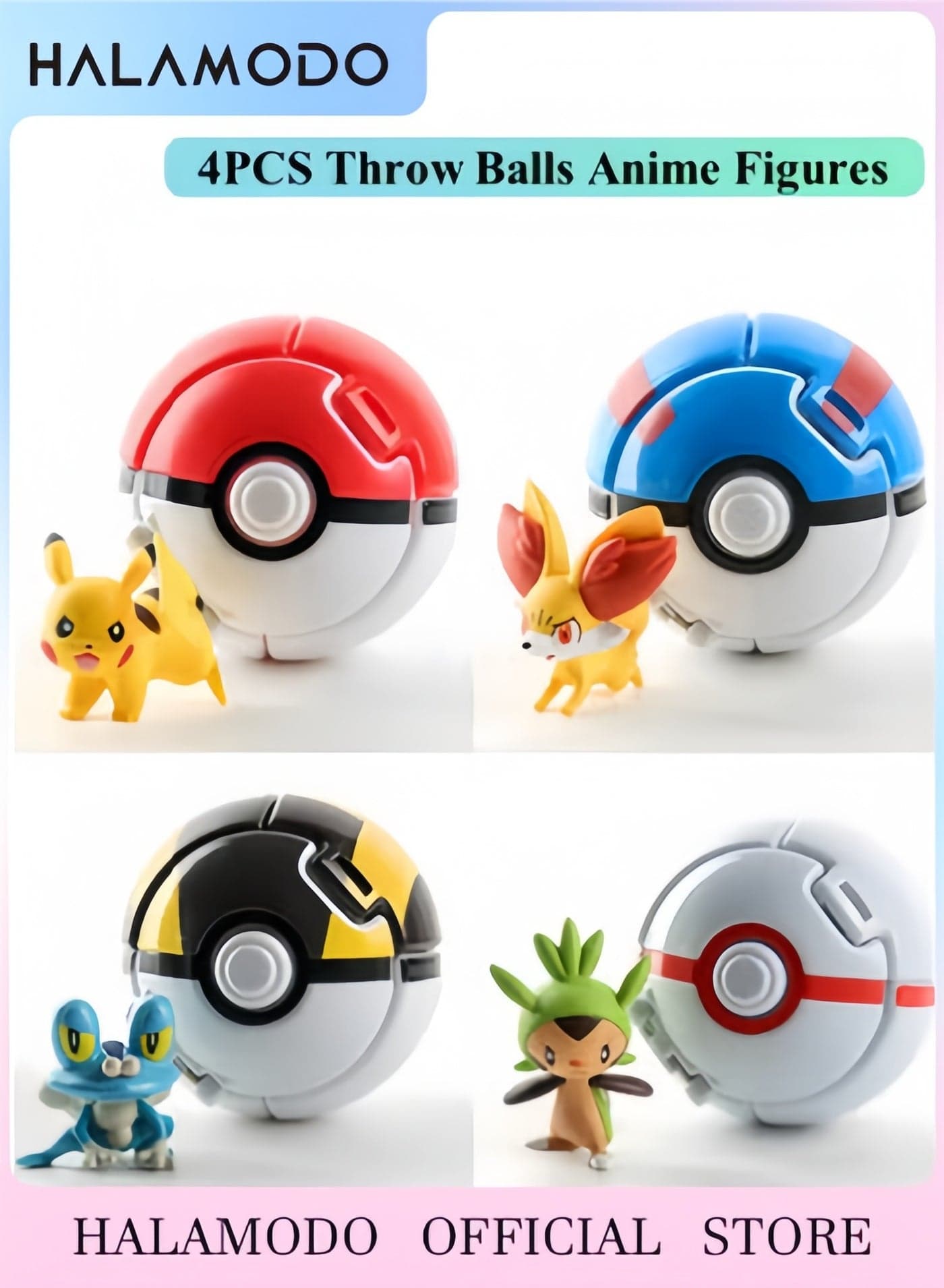4PCS Throw Balls and Anime Figures, Pokeball with the Push of A Button, Made from Durable Plastic, Safe to Use, 7 cm Each One, 4 Years Old and Over