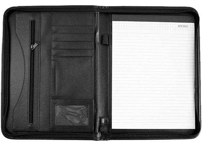 A4 File Folder PU Leather Portfolio Business Notebook Organizer with Zipper Business Portfolio Interview Folder for Women and Men Black
