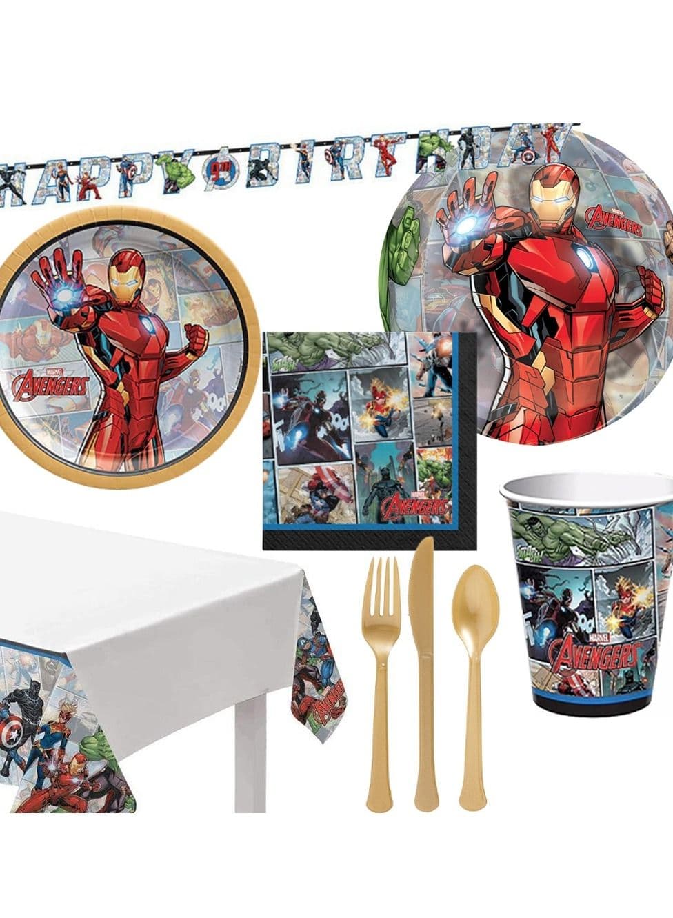 Iron Man, 59 Pieces Tableware Party Supplies for 8 Guests, Includes Napkins, Plates, Cups, Cutlery, Tablecover, Banner and Balloon for 8 Guests