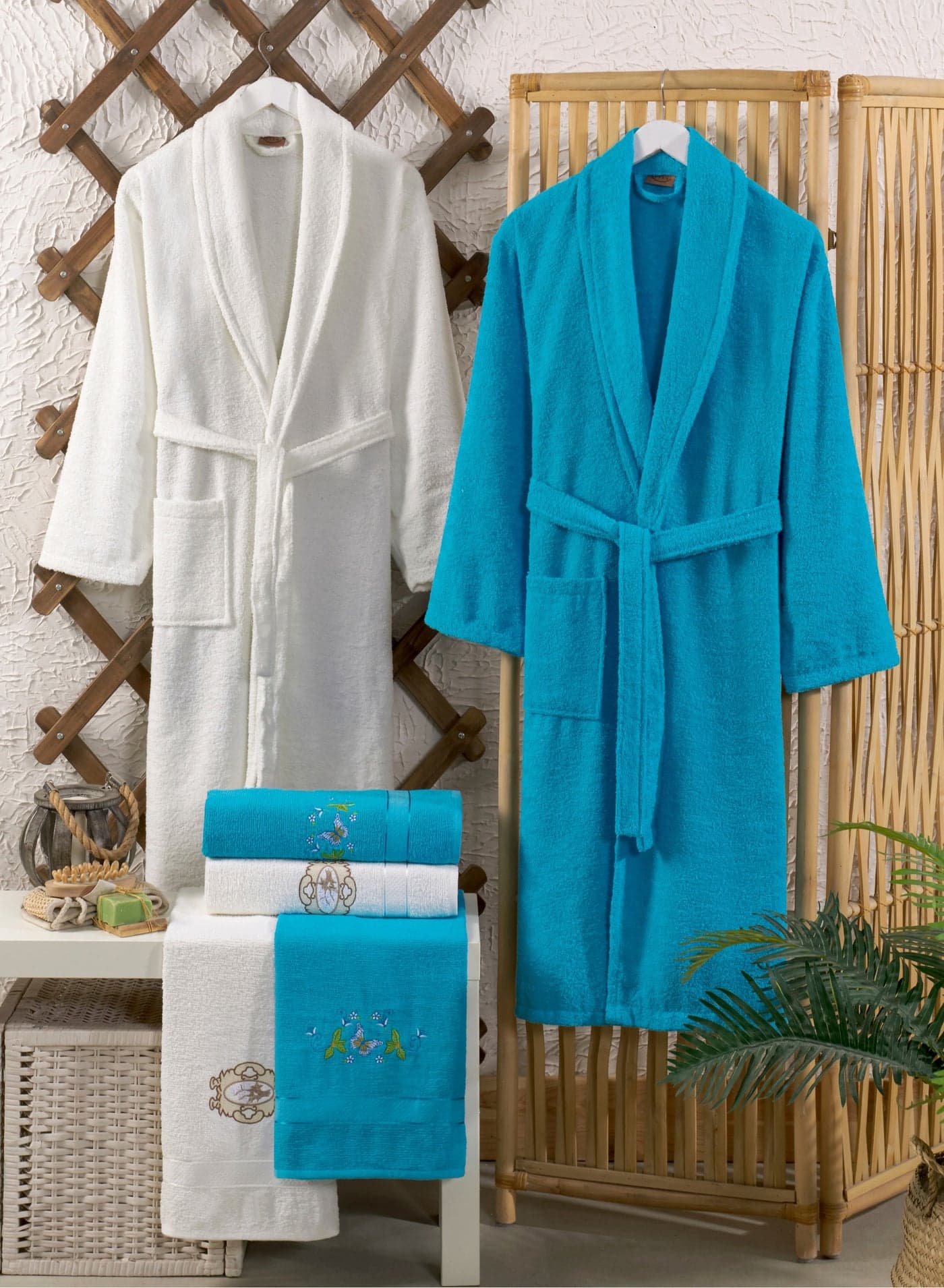 6-Piece Turkish Terry Cotton Family Bathrobe Set with Matching Bath Towels and Hand Towels in Gift Box Sky Blue/Off White