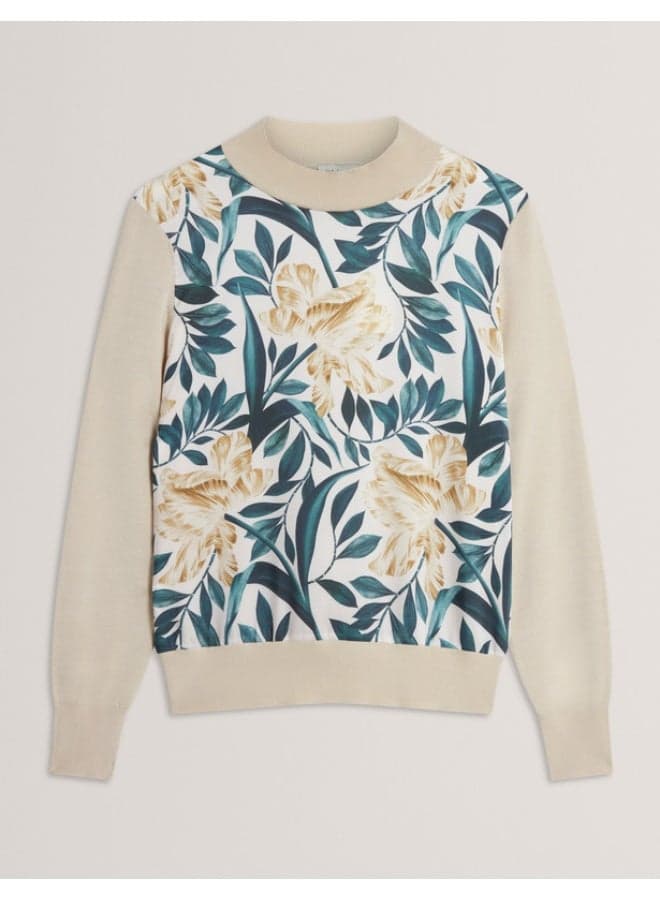 Printed Woven Front Knit Top