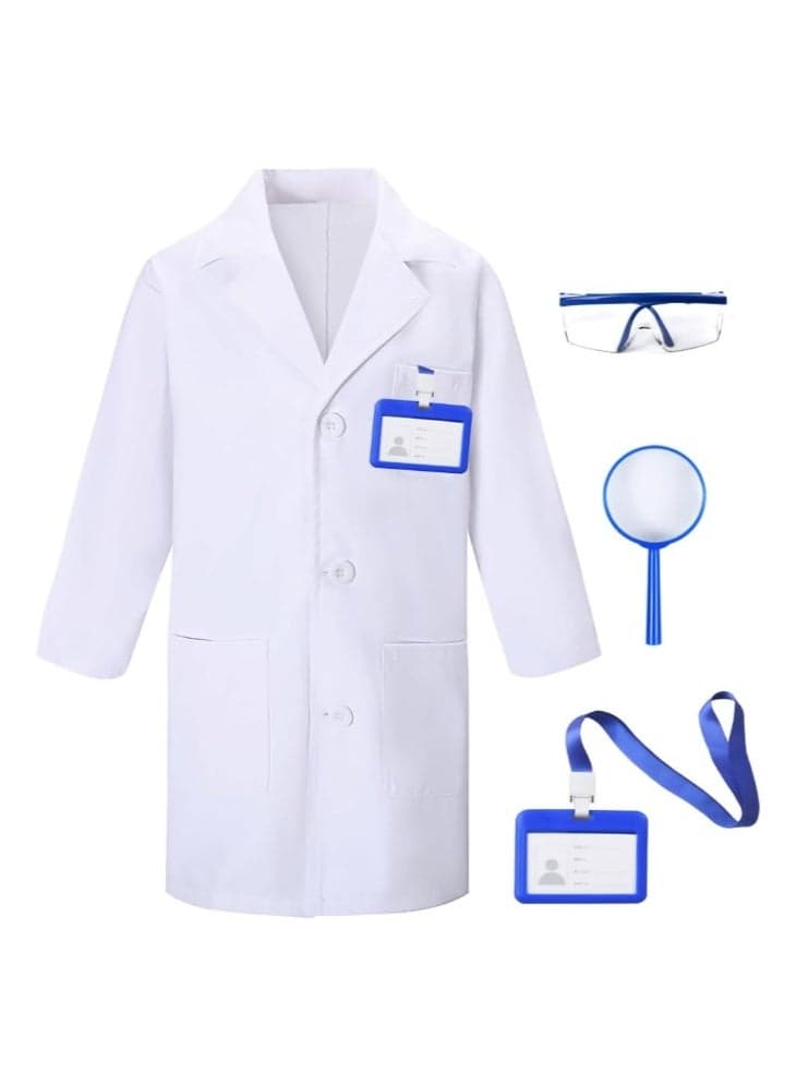 4PCS Role Play Cosplay Costume Set for Kids, Polyester Doctor Scientist Dress Up Kit with Lab Coat Goggles Magnifier and ID Card, Pretend Play Outfit Suitable for Boys Girls Birthday School Show