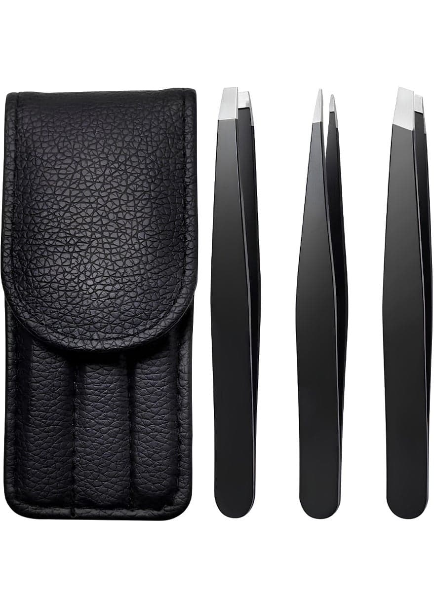 AEENAA 3-Piece Professional Stainless Steel Tweezers Set For Eyebrows & Facial Hair With Travel Case Black