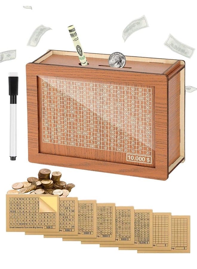 Money Saving Box for Kids Adults, 10000 Savings Challenge Box Wooden Digital Cash Vault Piggy Bank Boys Girls Cash box with Money Target and Numbers(8 Amount Cards)
