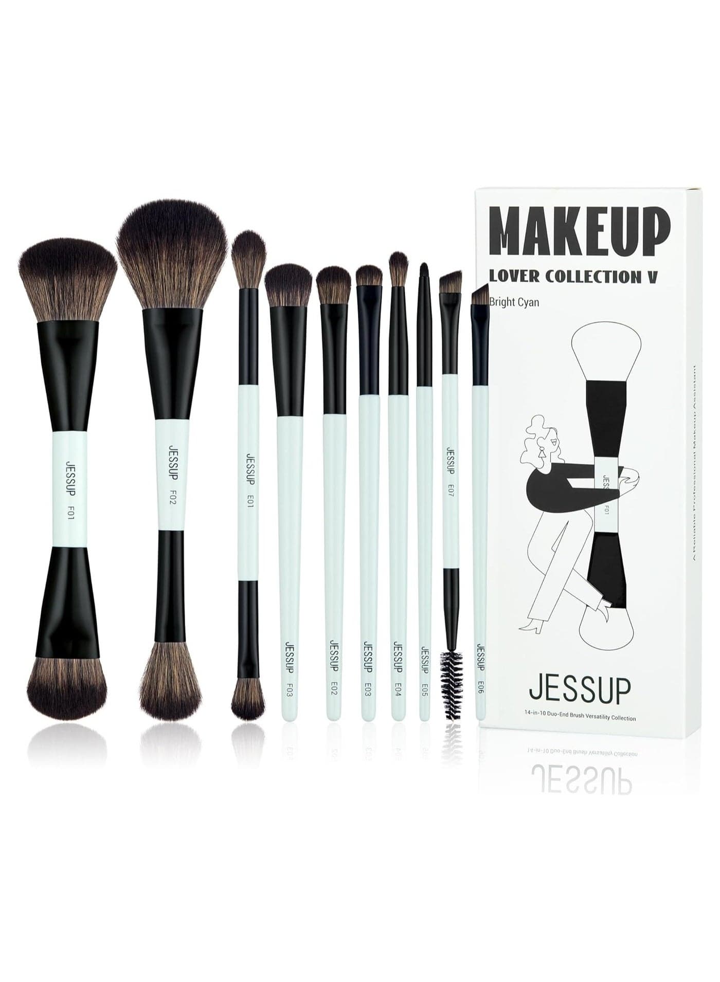 Jessup Makeup Brushes Set 10pcs, Double Sided Foundation Contour Blush Highlight Blending Eyebrow Brush Eyeshadow Eyeliner Concealer Brush, Bright Cyan Cruelty Free Cosmetic Tools T500