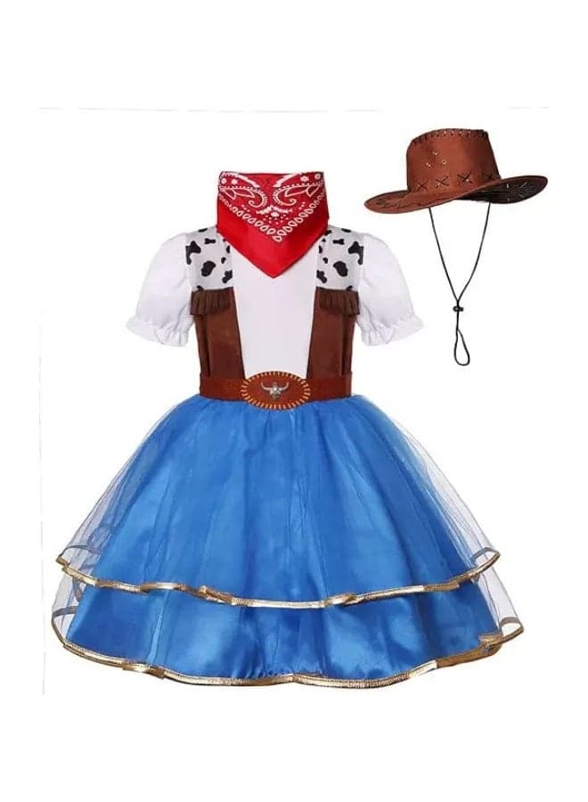 Home Smart Cow Girl Costume Dress for Girls Cosplay Outfit with Hat Belt and Red Scarf for Festival Performance Photography and Party Favor (Blue)