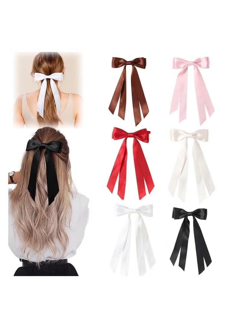 Hair Bows Ribbon, 6 Pcs Long Silky Satin Hair Bows Hair Clip for Women Girls, Bowknot Hair Clips Barrettes with Small Long Tail Solid Satin Hair Accessories