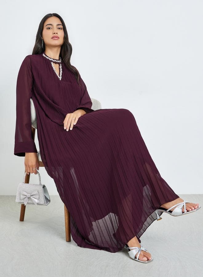 Burgundy Pleated Embellished Neckline Maxi Dress