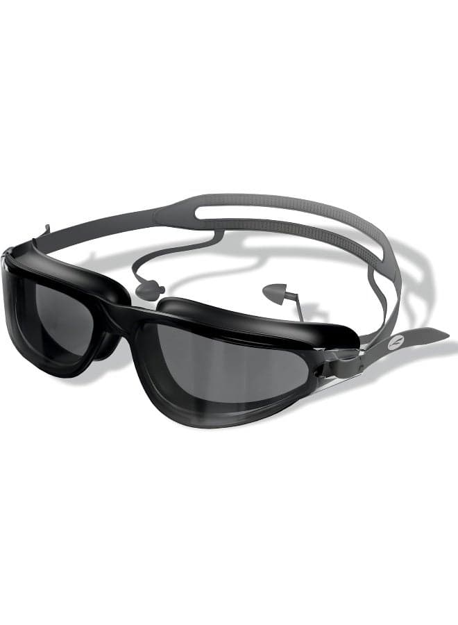 Anti Fog Swimming Goggles With Uv Protection For Men & Women | Wide Angle View With Anti Leak Technology | Comes With Attached Ear Plugs | Ideal For Children & Adult (Black)