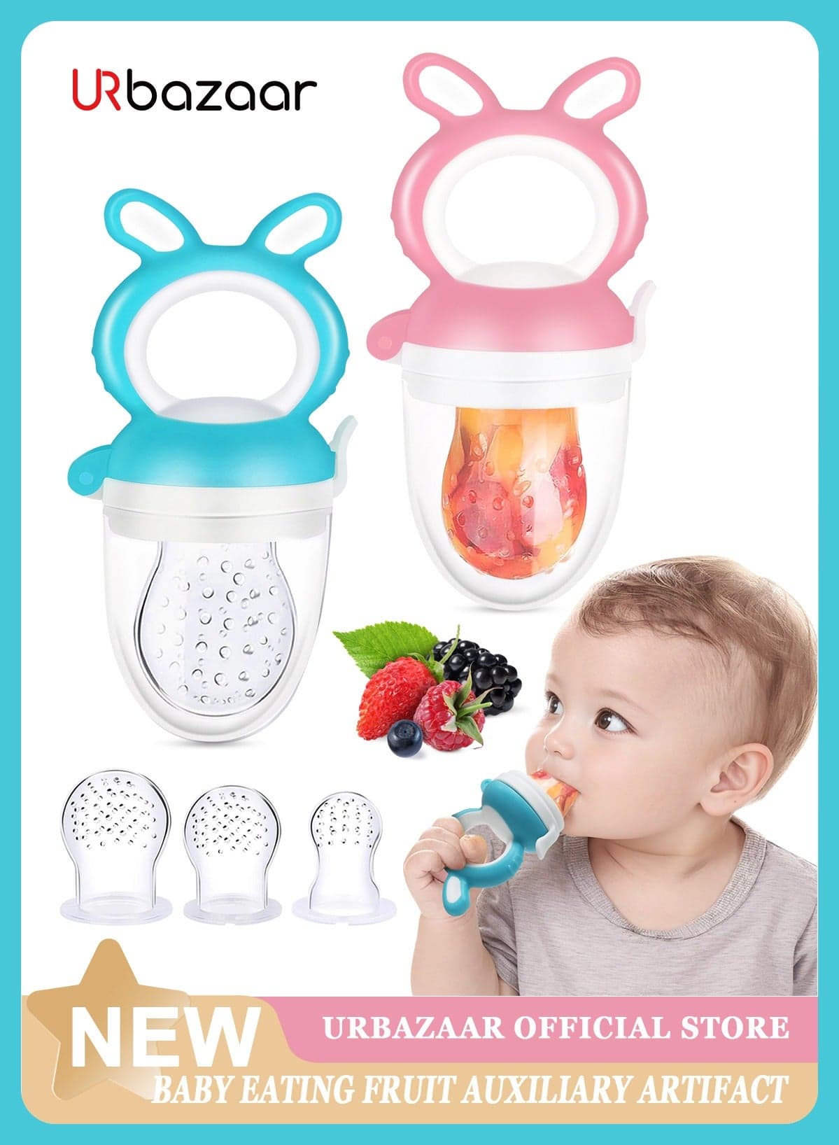 2 PCs Baby Food Fruit Feeder Pacifier with 3 PCs Replacement Silicone Pouches Fresh Food Teething Toy for Toddlers Infant