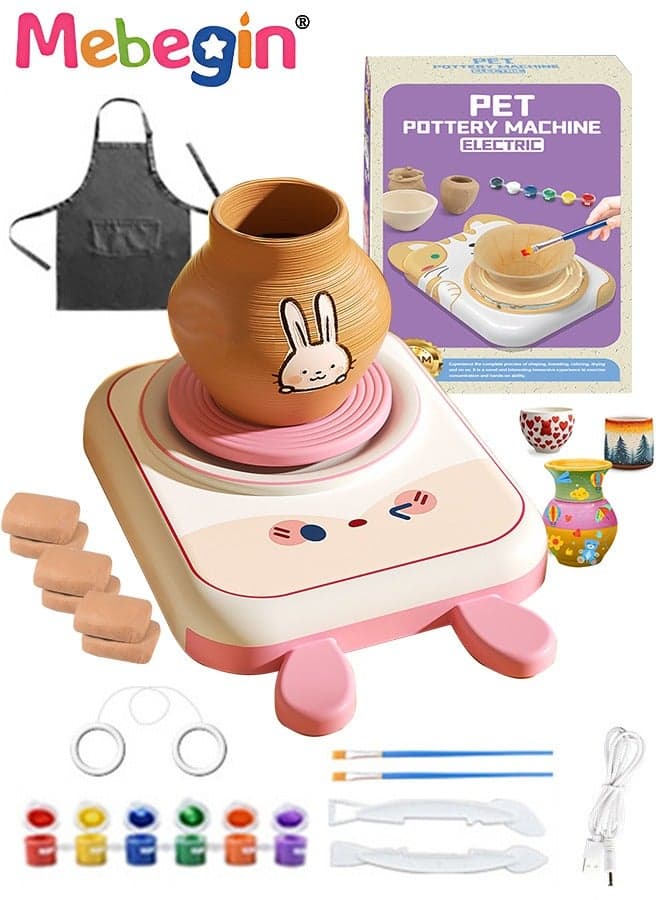 Pottery Wheel with Two-speed Design, Mini Pottery Wheel Kit, Complete Pottery Painting Kit with Clay Sculpting Tools and 6 Pack Air-dry Clay, Art and Crafts Kit, DIY Toy Set, Ideal Gift for Kids Aged 3+ and Beginners