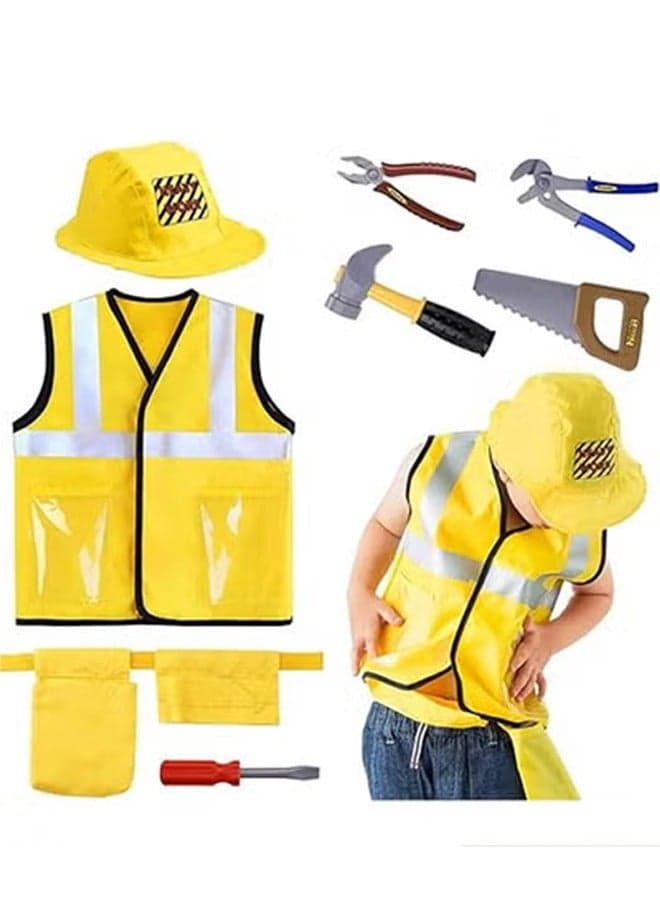 Construction Worker Costume Role Play Kit Set, Engineering Dress Up Gift Educational Toyfor Kids 4-8 Year Old