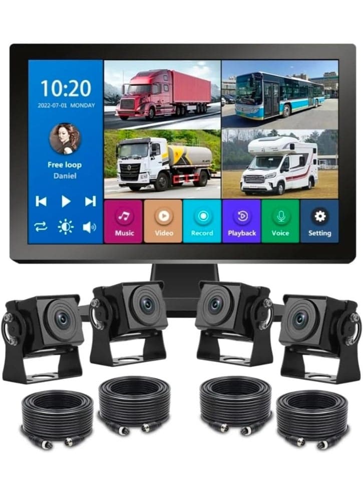 10-Inch Truck Monitor System with BSD & ADAS, 4-Channel DVR Recording, Waterproof Cameras, 360° View for Bus Truck Caravan SchoolBus , AI Pedestrian Detection, Night Vision, Split Screen, 12–24V
