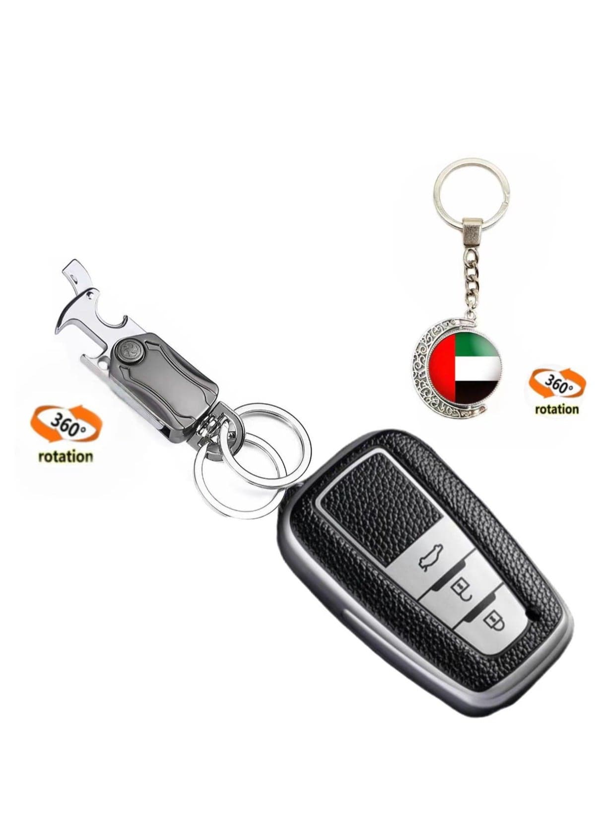 OUYoo For Toyota Key Fob Cover with Toyota Key chain, Car Key Fob Case Compatible with Toyota 2018-2023 Camry RAV4 Highlander Avalon C HR Prius Corolla GT86,With UAE flag keychain (Silver)