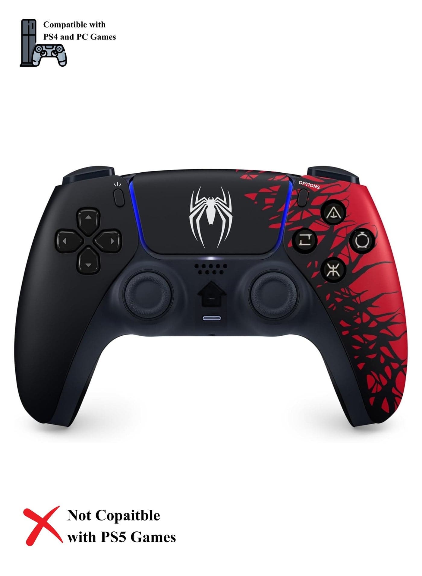 Wireless Controller for PS4 Spider Print Black & Red V2 Gamepad, DualShock Style Joystick with Non-Slip Grip, 3.5mm Audio Jack, Wireless Bluetooth Gaming Controller for PlayStation 4 Console