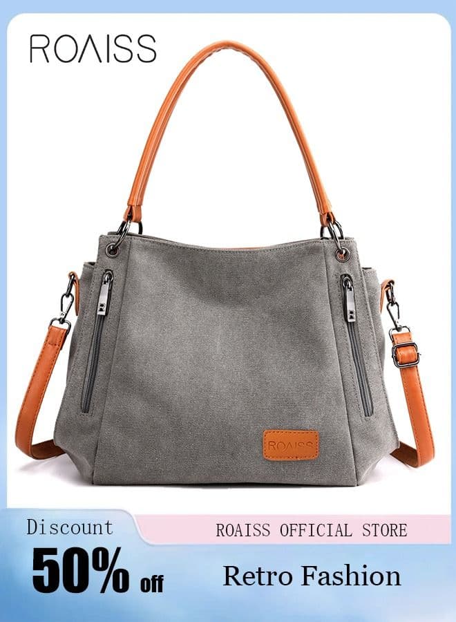 Large Capacity Shoulder Tote Bag Casual Canvas Handbag Crossbody with Long Strap Multi Pocket Shopper for Young Women Teenagers School Shopping Simple Horizontal Square Shape Bag Grey