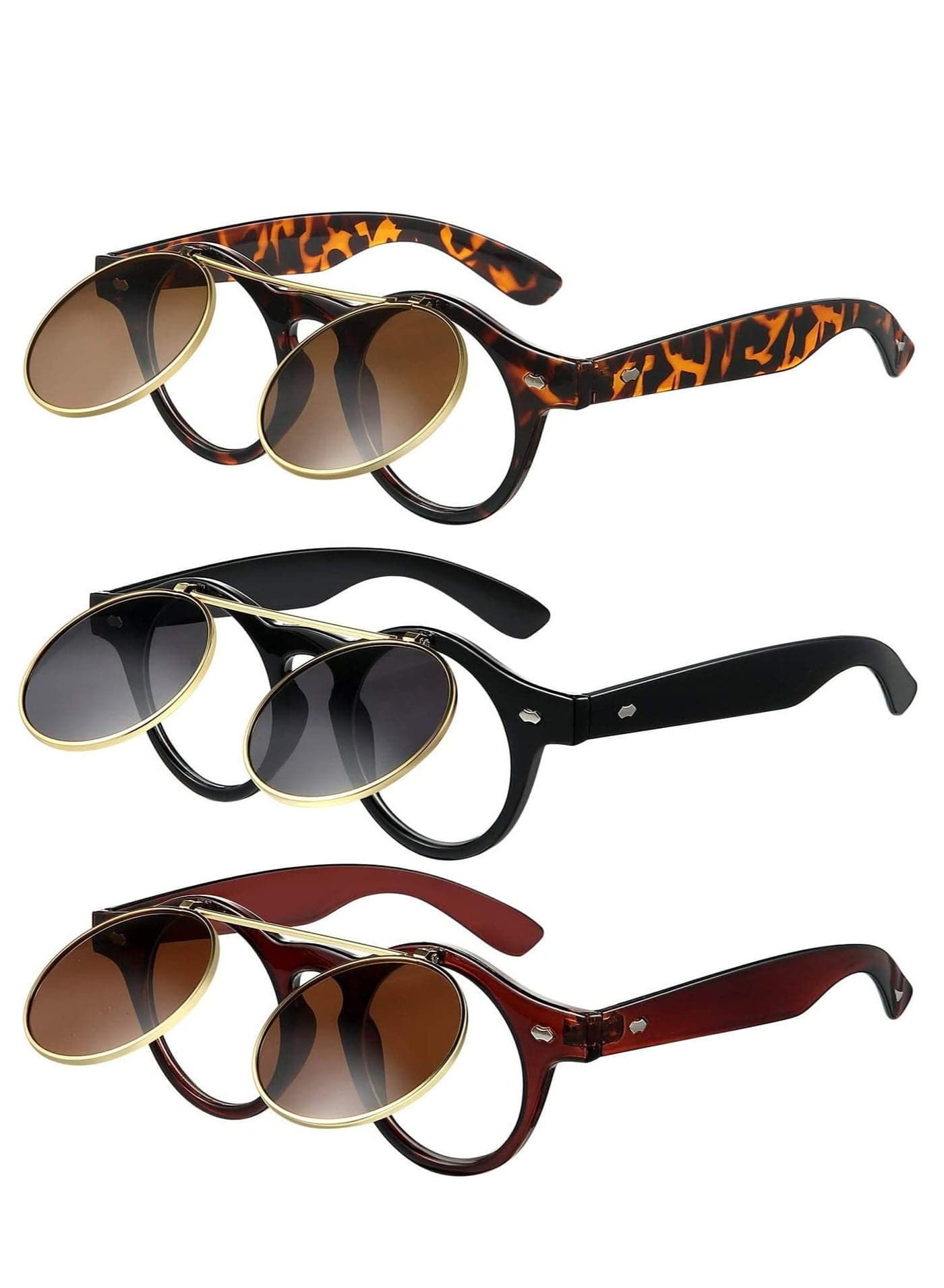 Flip Up Sunglasses Retro Round Goggles Steampunk Sunglasses for Party, 3 Pairs