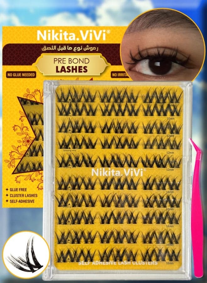 Pre Bond Lashes Self Adhesive False Eyelashes Clusters Kit,Lash Clusters 10 Rows European-Style False Eyelashes False Lashes Kit with Tweezers for Beginners, Press On Glueless Individual Lashes DIY Falselashes 90 Pcs 10-16 mm