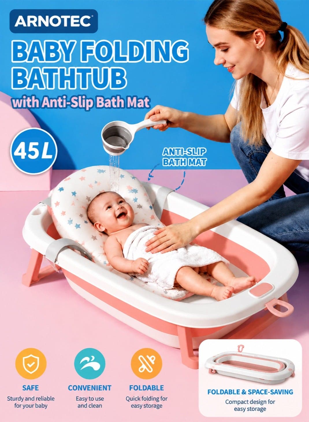 Foldable Baby Bathtub with Bear-Star Bath Cushion – 45L Large Capacity, 85×47×10cm, Foldable, Anti-Slip, Comfortable for Newborns to 6 Years, Easy Storage & Hygienic Bathing