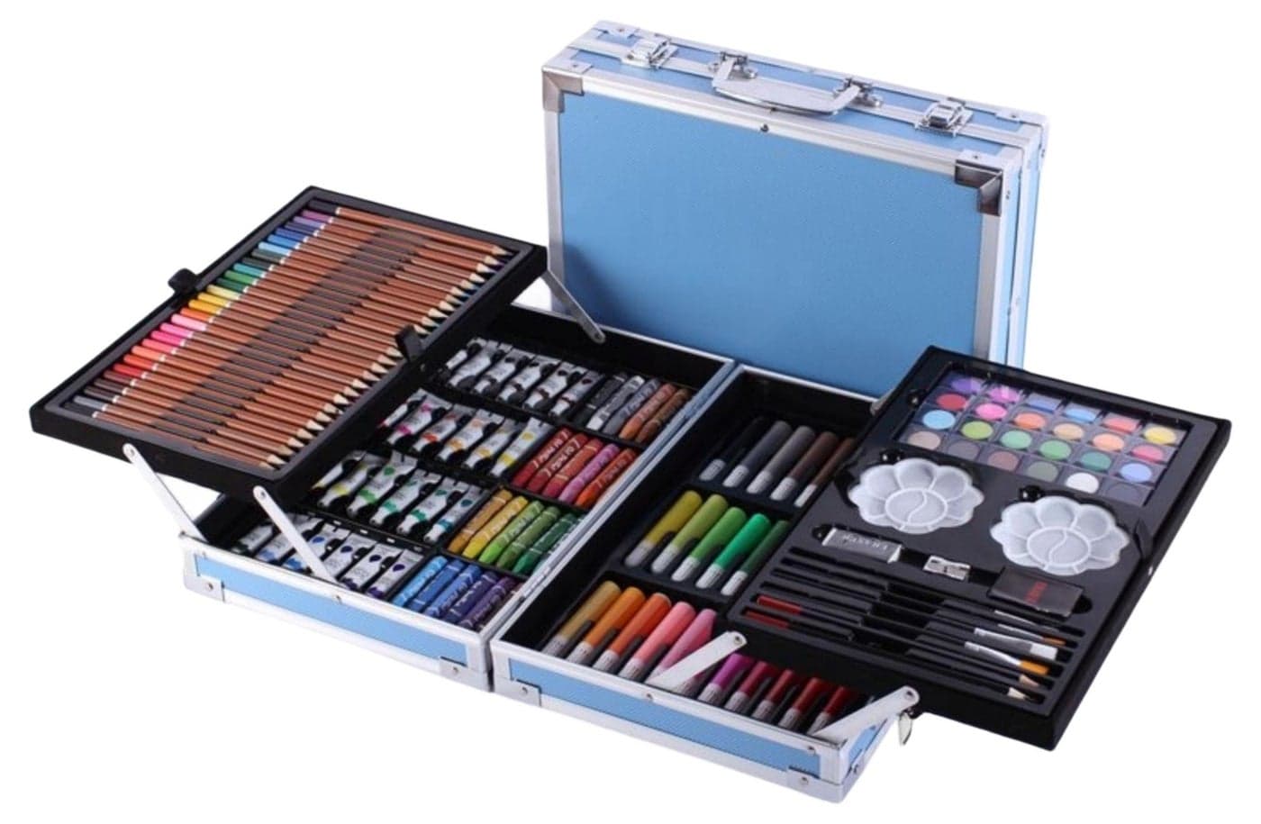 145Pcs Art Painting Watercolor Pen Set Children Gift Aluminum Box Double Layer Brush Set, Includes 28 Colored Pencils, 24 Watercolor Paints, 24 Oil Pastels, 33 Watercolor Pens Etc. (blue box)