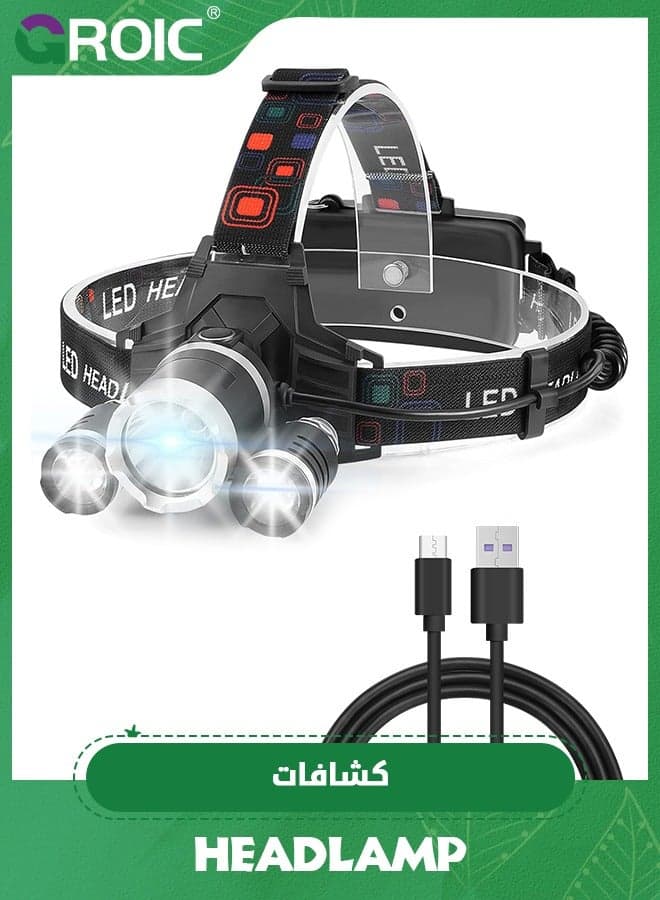 Rechargeable Headlamp, 6000 High Lumen Head Lamp, Super Bright LED Head Light Camping Accessories with Red Light, 4 Modes USB Recharge Flashlight, Waterproof Headlight Camping Gear