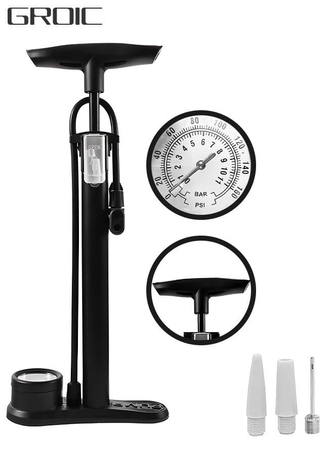 Bike Pump with Gauge - Portable Bicycle Tire Pump - 160 PSI Bike Air Pump with Presta and Schrader Valve, Multi-function Air Pump for Basketball/Football/Motorcycles/Car