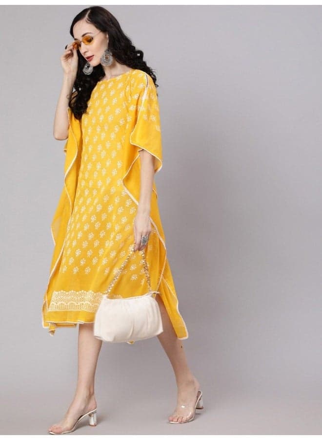 Yellow Hand Block Printed Kaftan Dress