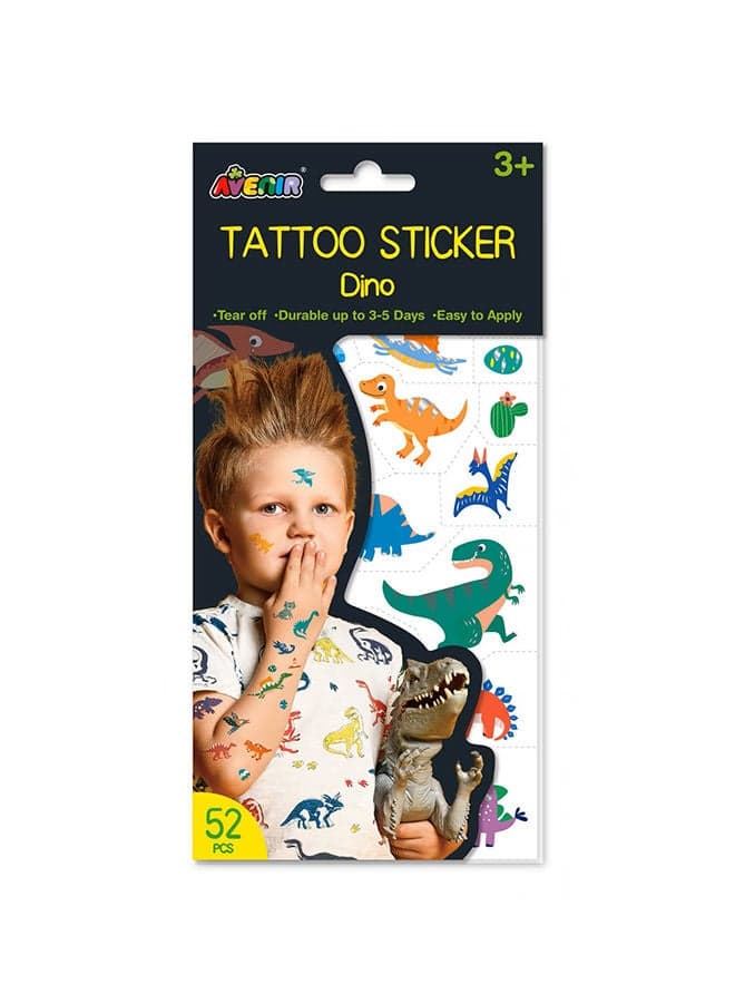 Tattoo Sticker Dino 52pc Set of Temporary Tattoos High-quality Water-based Ink Safe and Easy to Apply and Remove Lasts 3-5 Days for Kids 3+