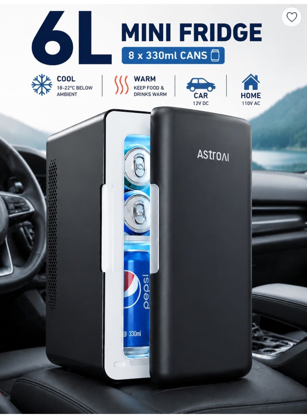 AstroAI 6L Auto Mini Fridge 2.0 Gen | Portable Thermoelectric Cooler & Warmer for Car and Home (Dark Grey)