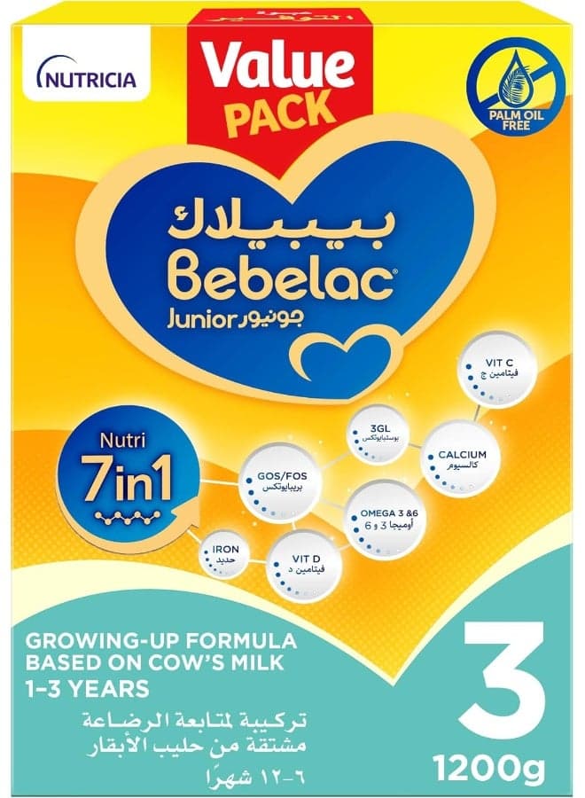 Bebelac 3 Nutri 7in1 Palm Oil Free Stage 3 Growing Up Milk Formula, from 1 to 3 years Value Pack 1200g