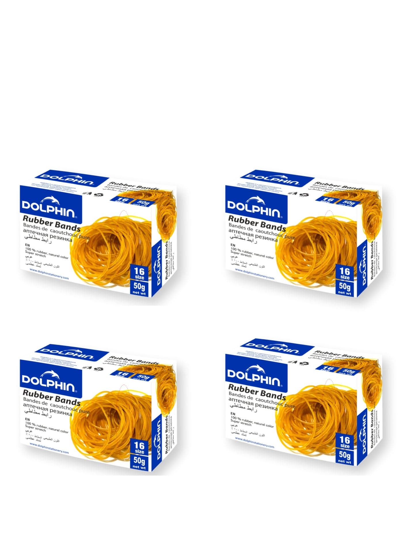 Dolphin 100% Pure Rubber Bands Size 16 Natural, 4-Pack (50g × 4) for Office School & Home