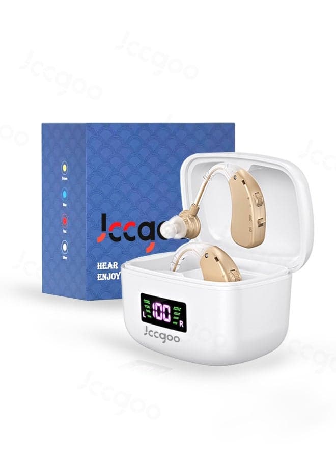 OTC Hearing Aid, Rechargeable BTE Hearing Aids for Seniors - Comfortable Fit, 96-Hour Standby, Nearly Invisible, Noise Cancelling, Easy Volume Control & Operation