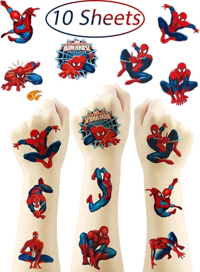 10 Sheets Kids Temporary Tattoos Cute Cartoon Spider Man Tattoo Stickers for Boys Girls Waterproof Tattoo Decorations for Birthday Party Party Favors Children Gifts