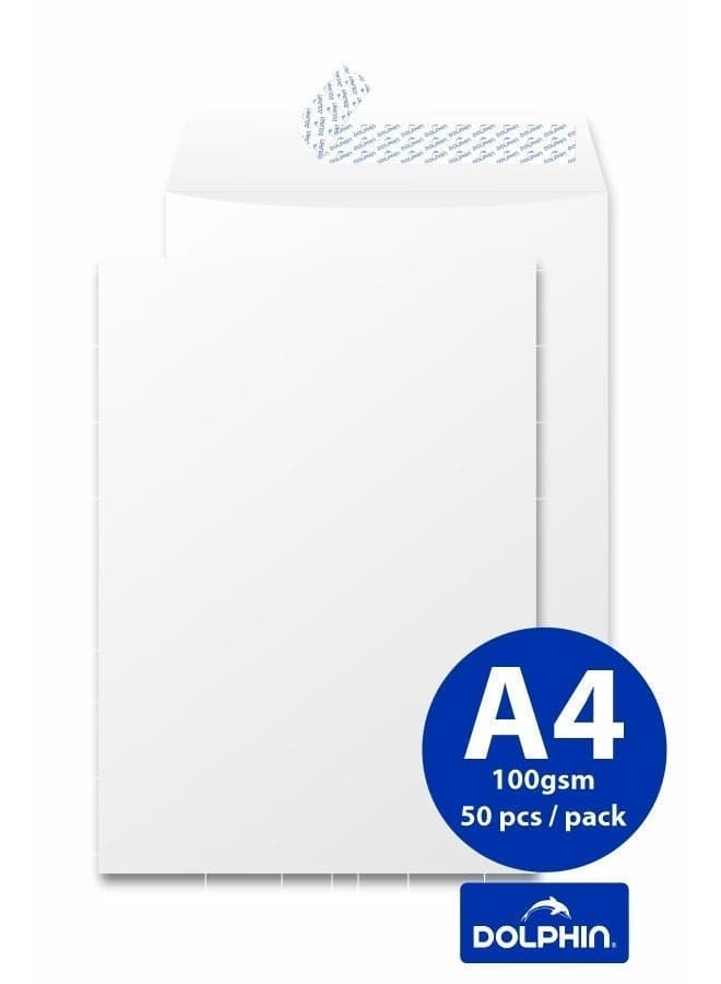 Dolphin A4 White Envelopes 100 GSM Self-Sealing Secure Mailing, Pack of 50