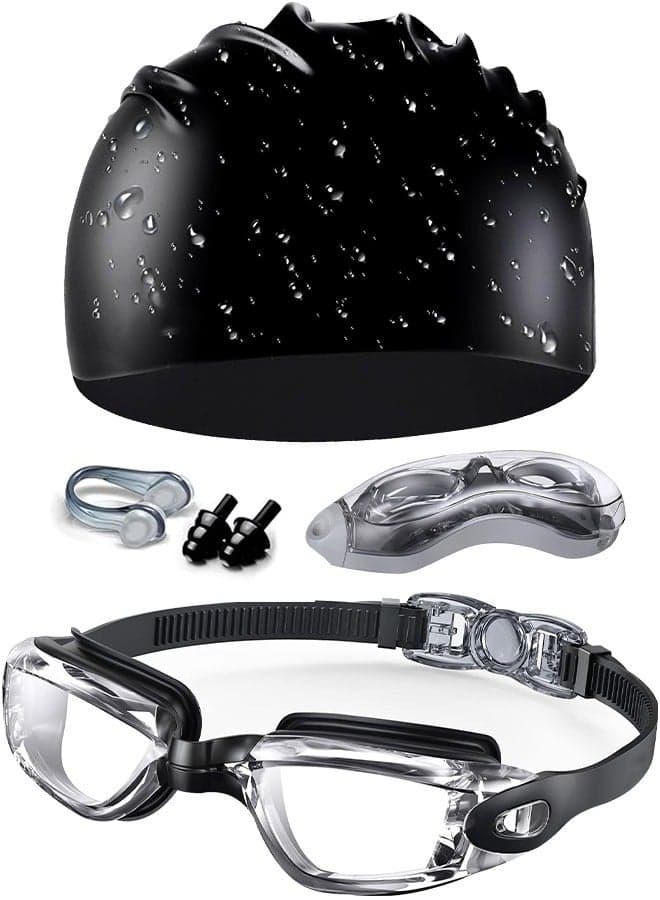 5 in 1 Anti-Fog Swimming Goggles with Silicone Cap Nose Plugs & Ear Plugs for Men, Women & Teenagers, Clear Vision, 180° Panoramic View, Leak Proof Goggles, Adjustable Silicone Goggle Strap UV Protection