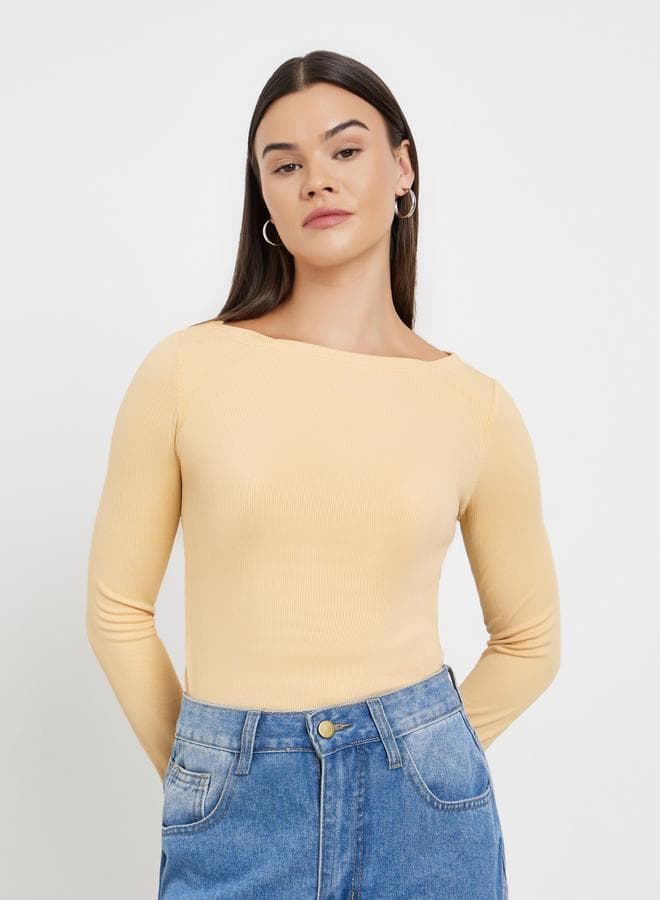 Beige Ribbed Knit Boat Neck Top