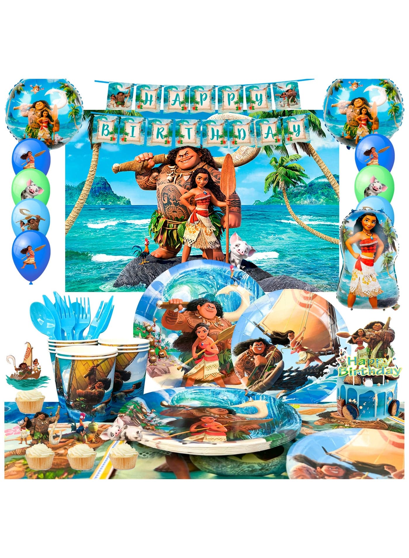 Moana Birthday Party Decorations, 115 pcs Moana Party Tableware Set - Moana Plates and Napkins Cups Table Cloth Banner Backdrop Balloons Moana Birthday Party Supplies