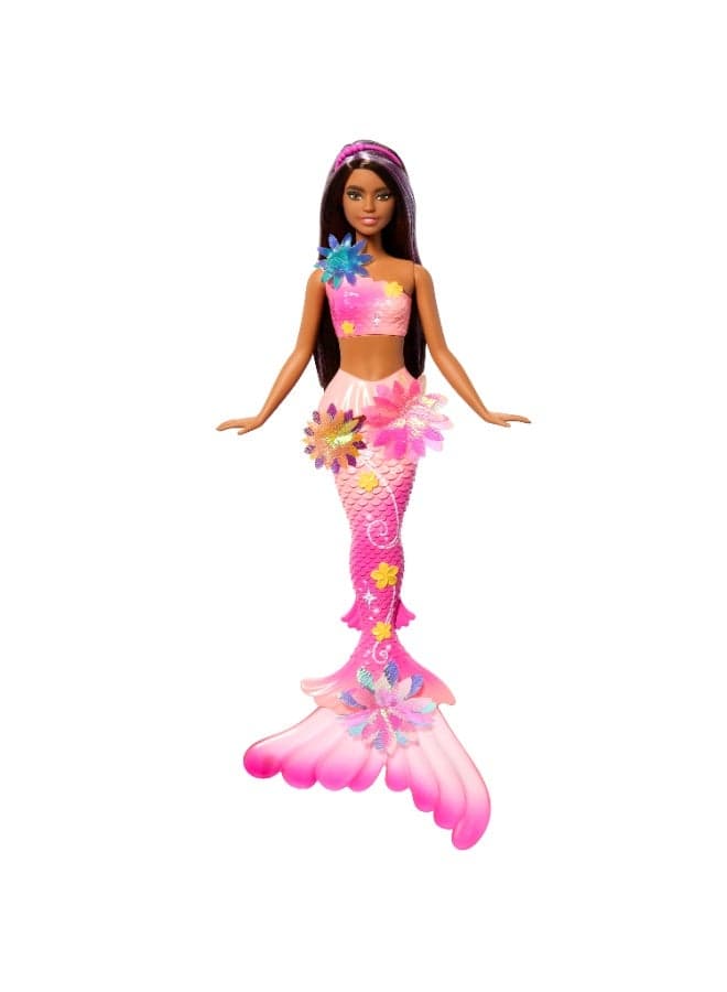 Mermaid Toy Dolls with Surprise Magic Blooming Flowers Feature, Ombre Tails, Pearl Headband Accessory & Long Brown Hair with Purple Highlights