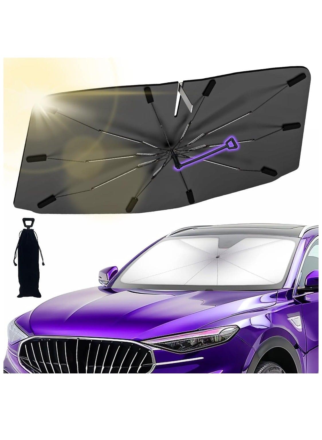 Windshield Sun Shade Umbrella Foldable Car Umbrella Sunshade with Soft TPU Handle Spring Structure Crystal Cooling Material Protect Car from Rays & Heat Front Window Interior Sun Protection, for Medium Sedan, SUV Windshield