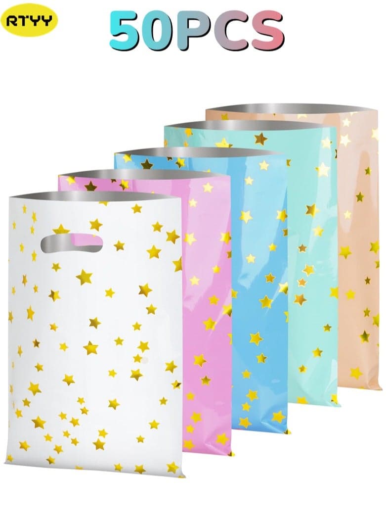 50 Pcs Party Favors Bags Kids Party Gift Bags,Cute Star Pattern Birthday Goodie Candy Snack Bags,Plastic Treat Bag Bulk for Kid Birthdays New Years Graduations Anniversaries Baby Showers