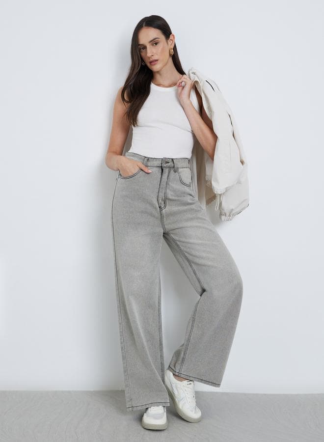 Styli High Rise Straight Fit Faded Jeans