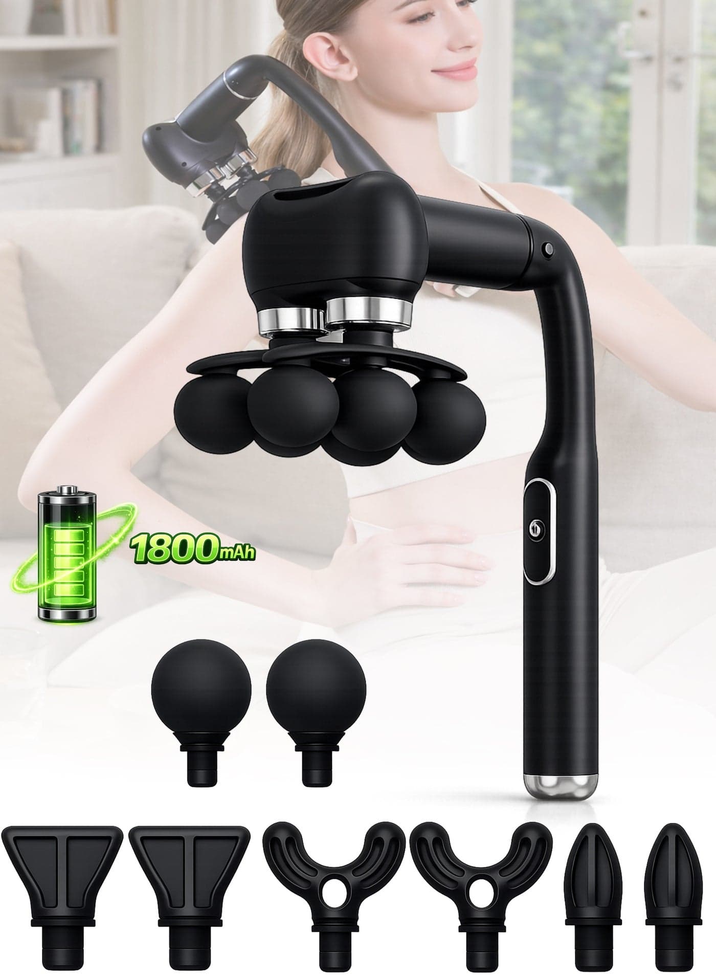 Powerful Portable Massage Gun for Full Body Muscle Relaxation, Long Battery Life, Rechargeable Deep Tissue Massager with 6-Head Design