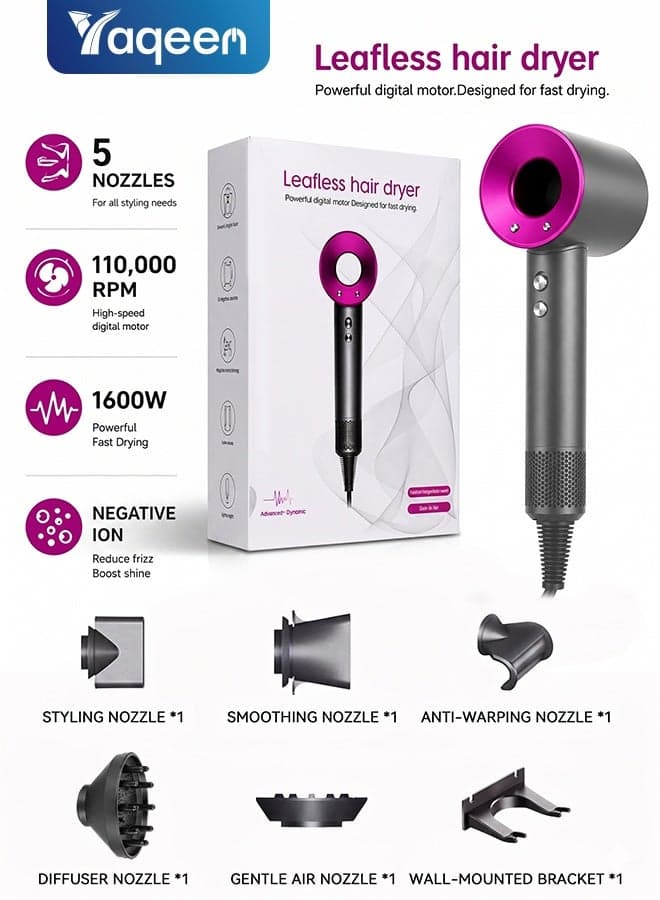High-Speed Ionic Hair Dryer 1600W, 110,000 RPM Fast Drying Blow Dryer with 5 Magnetic Styling Nozzles, Negative Ion Hair Care, Low Noise, Smart Heat Control for Home & Salon