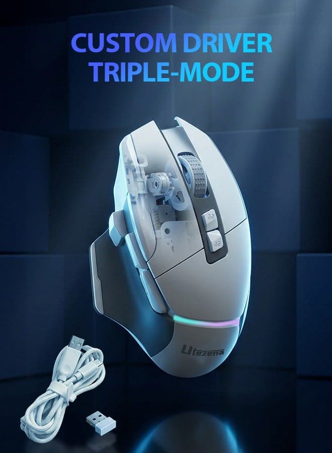 High Performance Gaming Mouse,Wireless Triple Mode Mouse With Adjustable Drive,6 DPI Adjustable up to 24000,Optical Sensor,Multiple RGB,10 Programmable Buttons,Ergonomic Design,BT/2.4Ghz/Wired,Superlight Anti Slip Mouse for PC/MAC (500mAh)