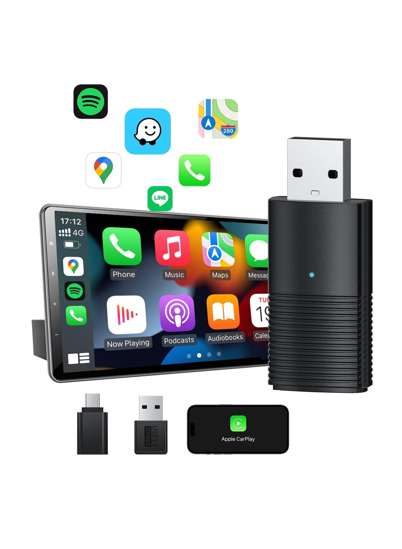 Mini Wireless Carplay Adapter, 10s Auto-Connect for Cars with OEM Wired CarPlay, with USB Port, Convert Wired to Wireless CarPlay Dongle, Carplay Dongle for Cars from 2016+ & iOS 10+, Online Update