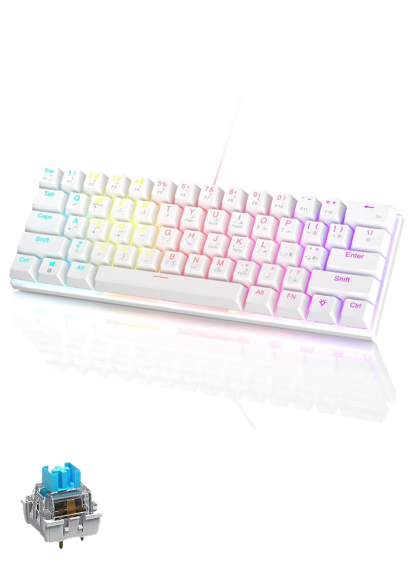 61-Key English Arabic Mechanical Keyboard, Blue Switch Hybrid Light Compact Mini Wired Keyboard for PC, Mac E-sports Portable Gaming Keyboard - Office Keyboard - Computer Keyboard - White Keyboard