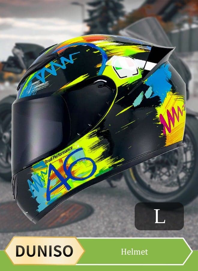 Full face motorcycle helmet, lightweight crash resistant motorcycle helmet, all season cool riding helmet,cycling helmet with black lenses, breathable lining, suitable for both men and women,suitable for recreational activities such as cycling (L)