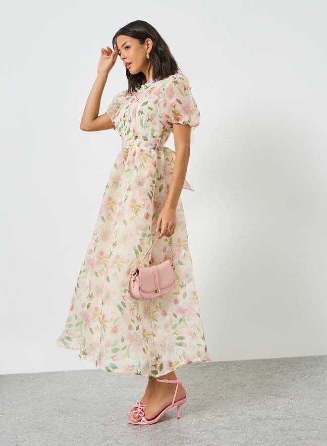 Cream Floral Puff Sleeves Maxi Dress with Tie-Belt