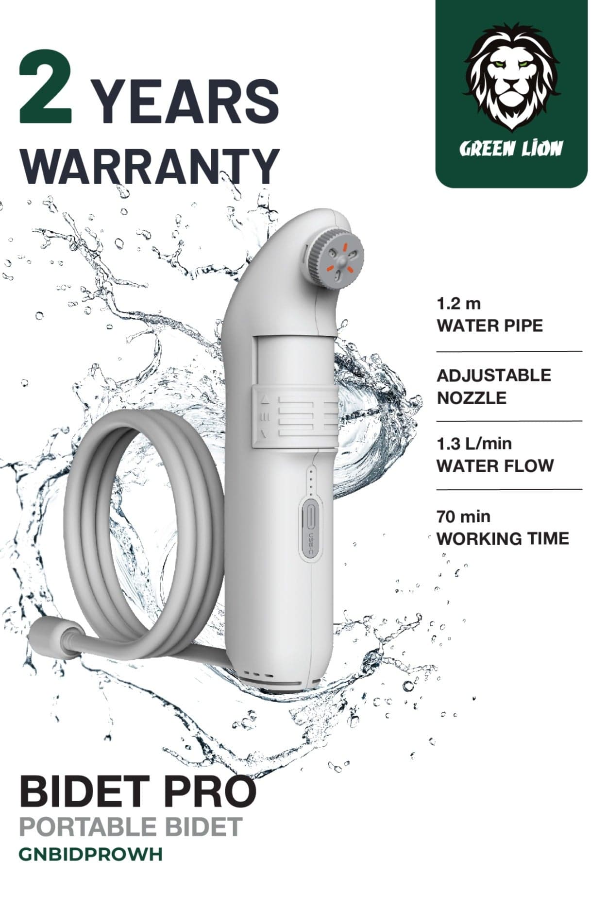 Portable Bidet Pro 6000 RPM with 2 Spray Modes & 70 Minutes Working Time / Adjustable Nozzle / 1.3 L/min Water Flow / Type-C Charging / IPX6 Waterproof - White