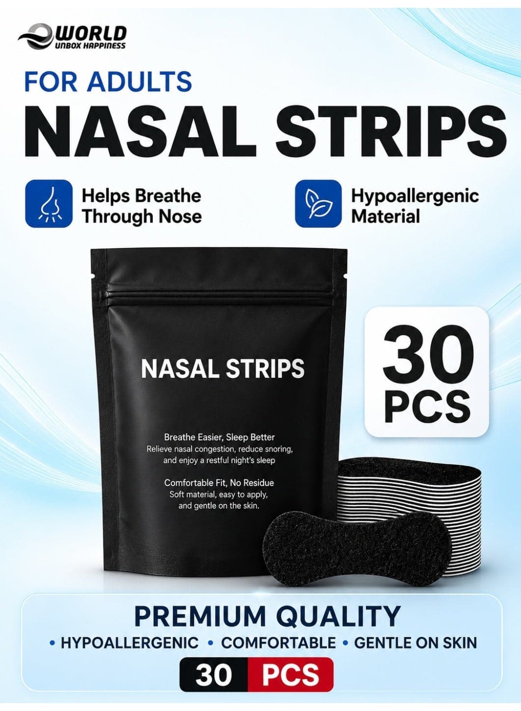 Extra Strength Nasal Strips for Breathing 30 Count | Anti Snoring & Snore Stopper Nose Strips | Drug-Free Nasal Opener for Better Airflow | Oil & Sweat Proof Adhesive, Sleep & Night Breathing | Congestion & Allergy Relief | Wide Body for Men & Women